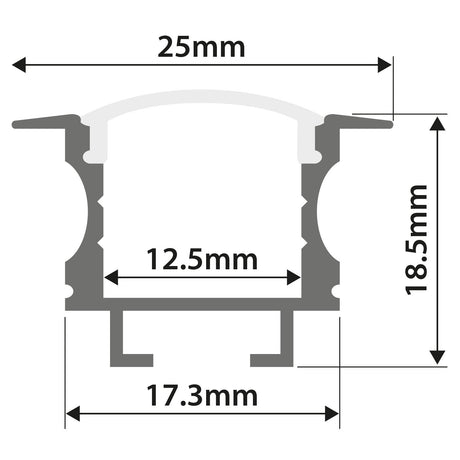 Cross-sectional diagram of the LYYT Recessed T-Style LED Profile 2m - Clear, resembling a bicycle rim. Labeled dimensions: outer width 25mm, inner width 17.3mm, internal spacing 12.5mm, height 18.5mm; arrows indicate all measurements.