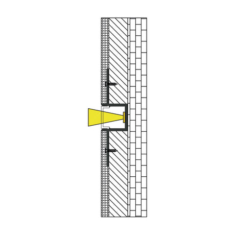 Cross-section diagram of the LYYT AVSL aluminium plaster-in LED tape profile installed flush in a plastered wall, showing the white diffuser emitting light.