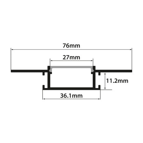 Technical cross-section diagram of the LYYT Aluminium Wide Flush Plaster-in LED Tape Profile 1m showing 76mm width, 27mm diffuser, and 11.2mm depth.