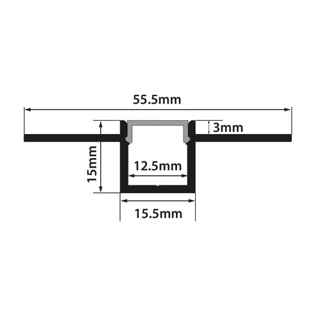Technical cross-section diagram of the LYYT Aluminium Plaster-in LED Tape Profile 2m showing 55.5 x 15mm external and 15.5 x 12.5mm channel dimensions.