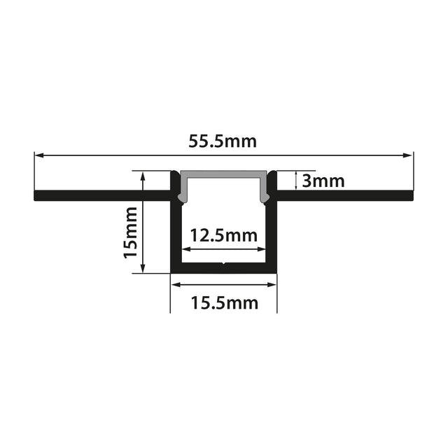 Technical cross-section diagram of the LYYT Aluminium Plaster-in LED Tape Profile 2m showing 55.5 x 15mm external and 15.5 x 12.5mm channel dimensions.