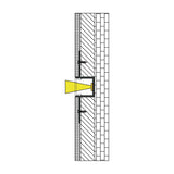 Cross-section diagram of the LYYT 2m aluminium plaster-in LED tape profile recessed into a plastered wall with white diffuser emitting a warm glow.