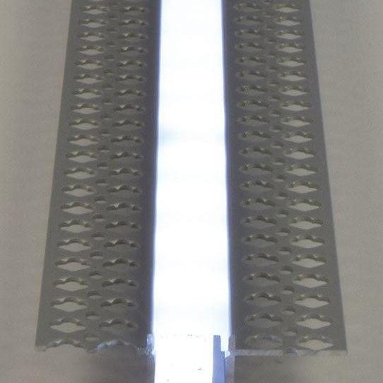 Close-up of the LYYT Aluminium Plaster-in LED Tape Profile 2m by AVSL, showing perforated side flanges and central white diffuser channel.