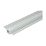 LYYT aluminium plaster-in LED tape profile with white snap-fit diffuser and perforated flanges for flush wall or ceiling mounting, shown on a white background.