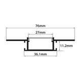 Technical dimension diagram of the LYYT Aluminium LED Tape Profile Wide Plaster-in 2m showing 76mm width, 27mm diffuser, 36.1mm channel and 11.2mm depth.