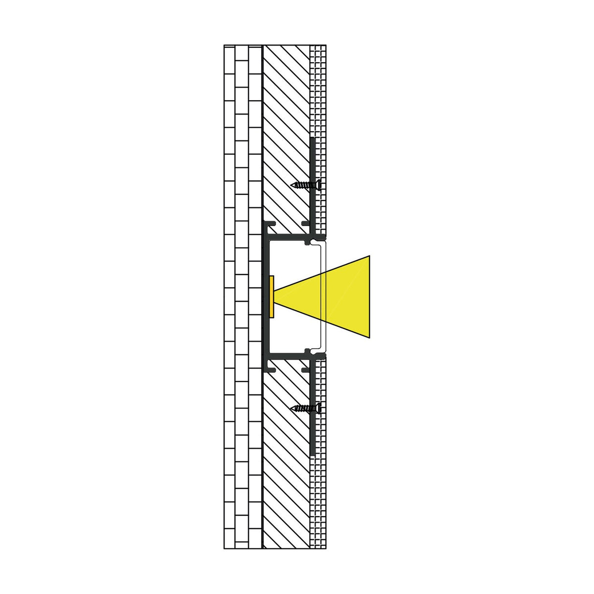 Cross-section diagram of the LYYT Aluminium LED Tape Wide Plaster-in Profile recessed into a wall with screws and a yellow light beam from the diffuser.