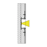 Cross-section diagram of the LYYT Aluminium LED Tape Wide Plaster-in Profile recessed into a wall with screws and a yellow light beam from the diffuser.