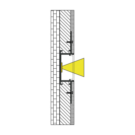 Cross-section diagram of the LYYT Aluminium LED Tape Wide Plaster-in Profile recessed into a wall with screws and a yellow light beam from the diffuser.