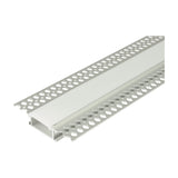 LYYT 2m wide plaster-in aluminium LED tape profile with white snap-fit diffuser and perforated flanges, shown on a plain white background.