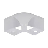 LYYT 90° Arc corner connector for LED strip profiles, translucent white polycarbonate right-angle piece with screw holes, shown on a plain background.