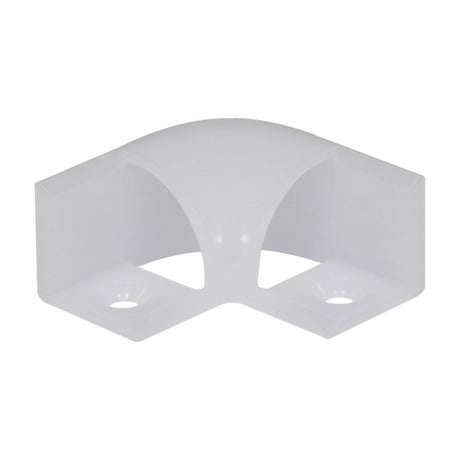 LYYT 90° Arc corner connector for LED strip profiles, translucent white polycarbonate right-angle piece with screw holes, shown on a plain background.