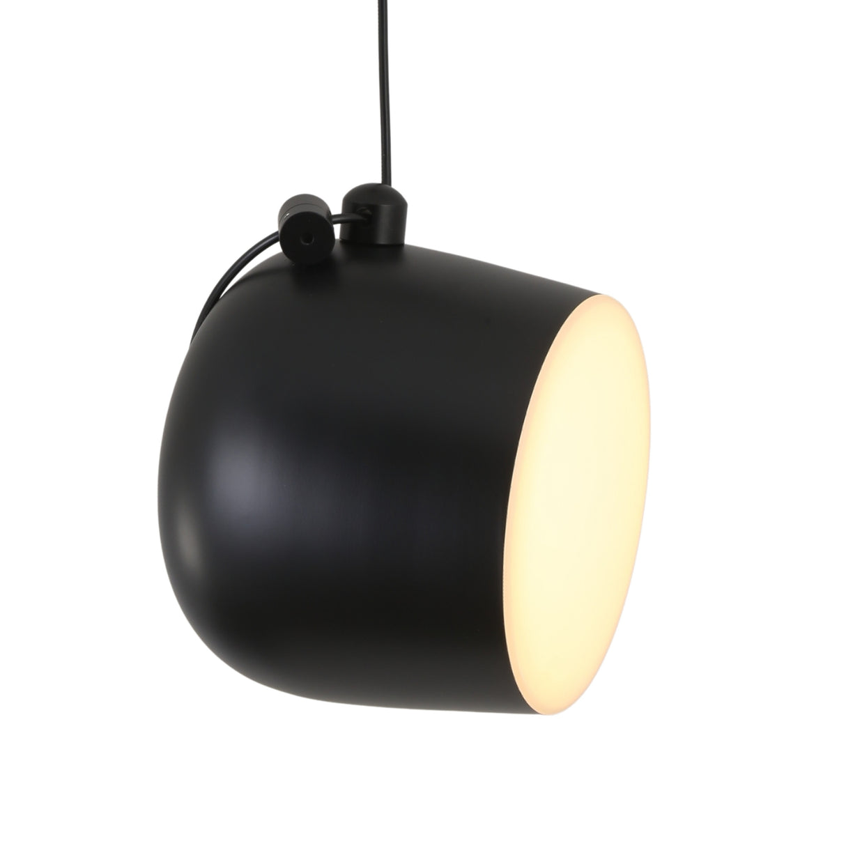 The Mono LED Pendant Light - Black features a modern, matte black finish and rounded shade. Suspended by a cord, it emits a soft, warm glow—perfect for contemporary kitchen lighting.
