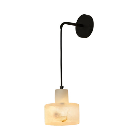 The Caelune 1 Light Suspended Stone Alabaster Wall Light in soft white and black features a black circular base, black cord, and cylindrical alabaster shade, offering a warm glow that merges timeless elegance with modern style.
