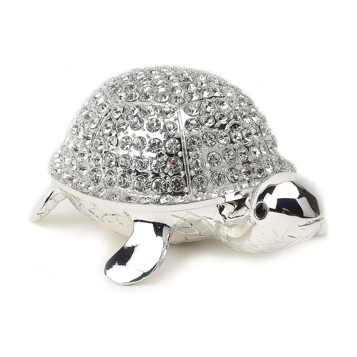 Crystal Turtle Metal Trinket Box with Hinged Lid - Silver
