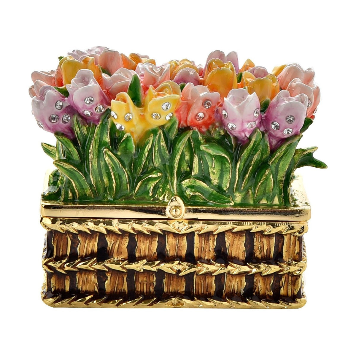Flower and Basketweave Metal Trinket Box with Hinged Lid