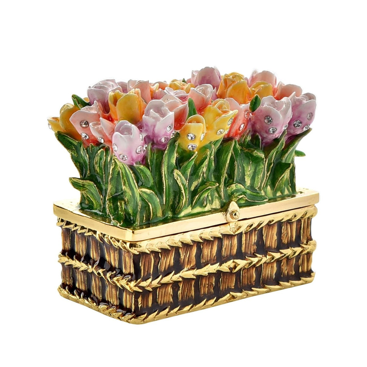 Flower and Basketweave Metal Trinket Box with Hinged Lid
