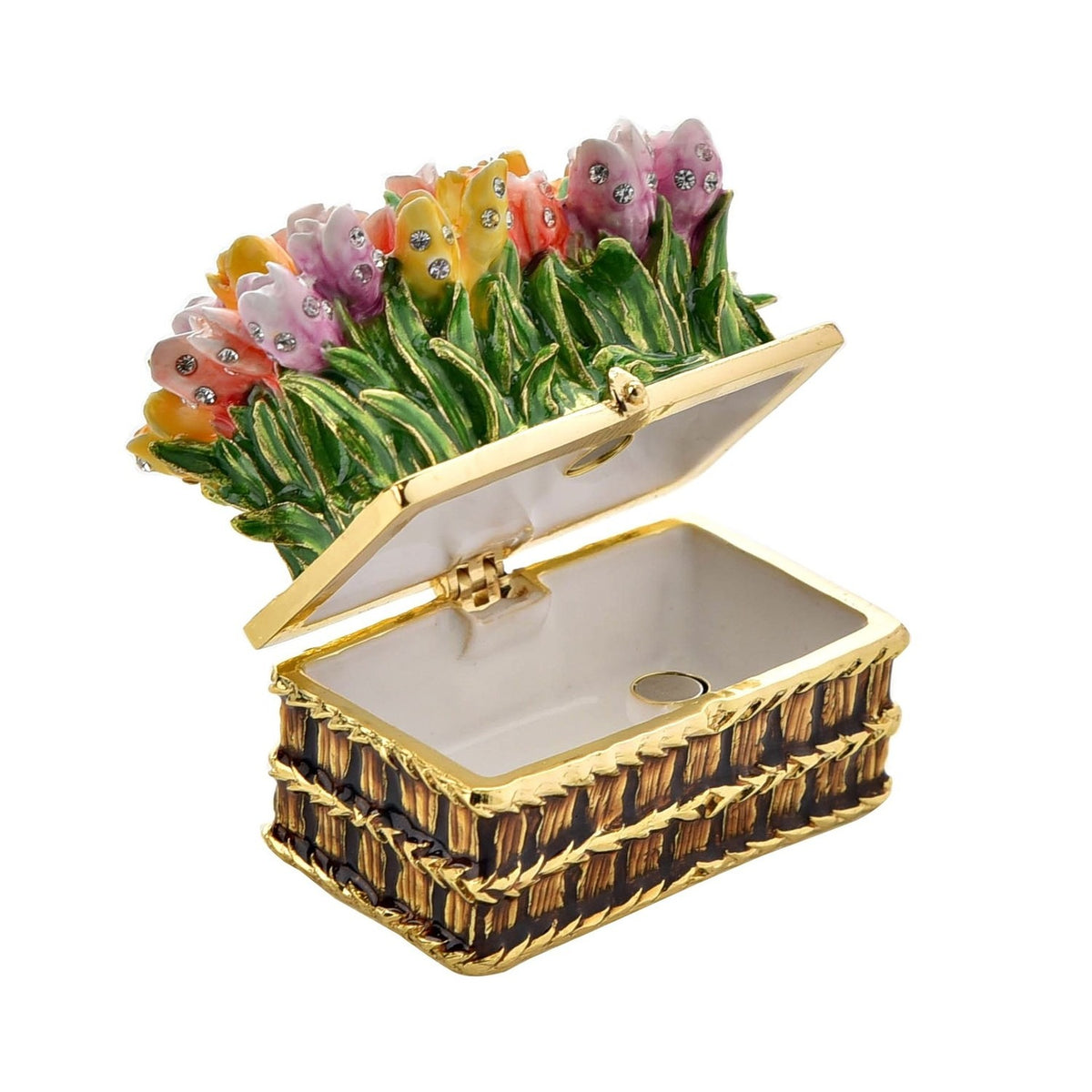 Flower and Basketweave Metal Trinket Box with Hinged Lid