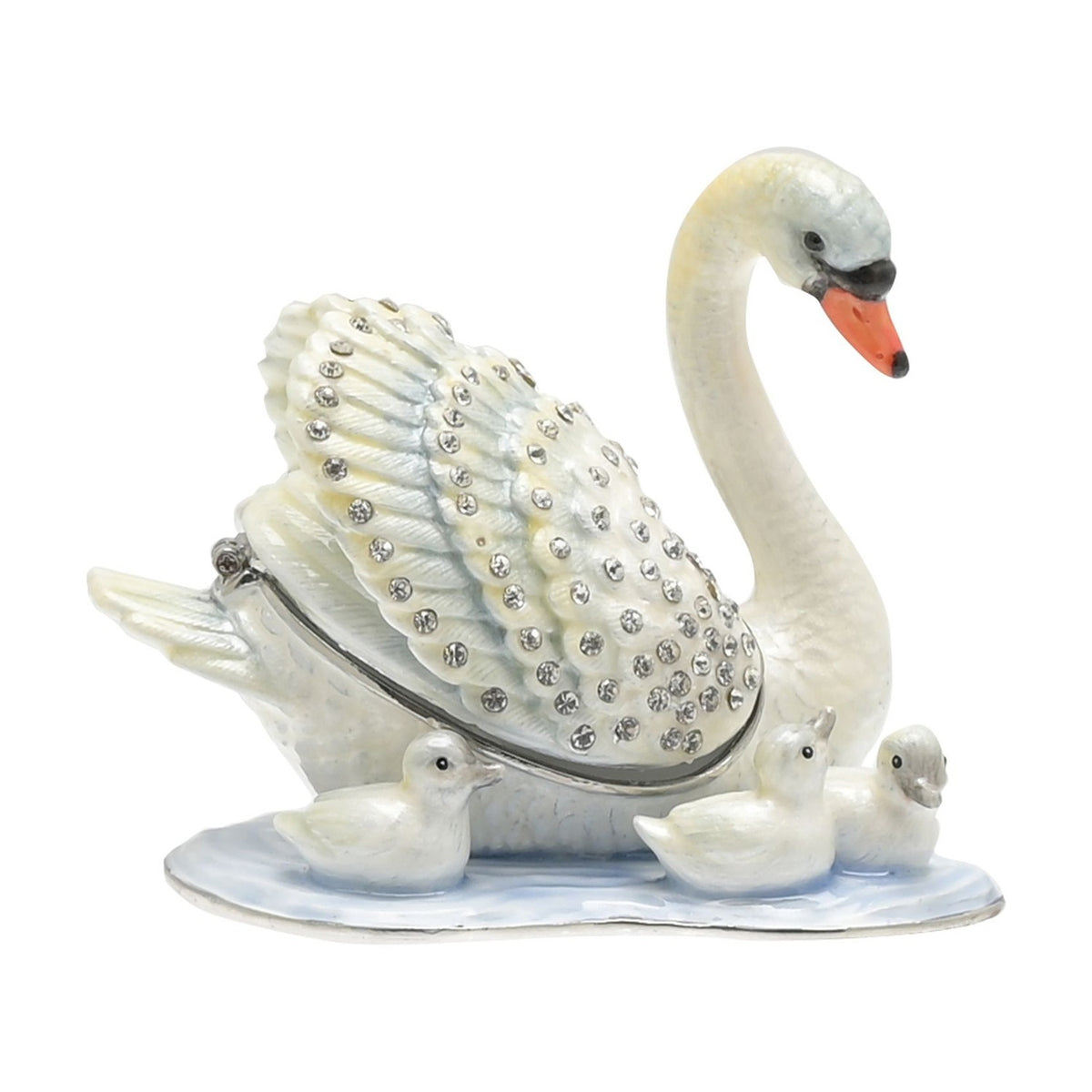 Mother & Baby Swans Hand Painted Metal Trinket Box - White