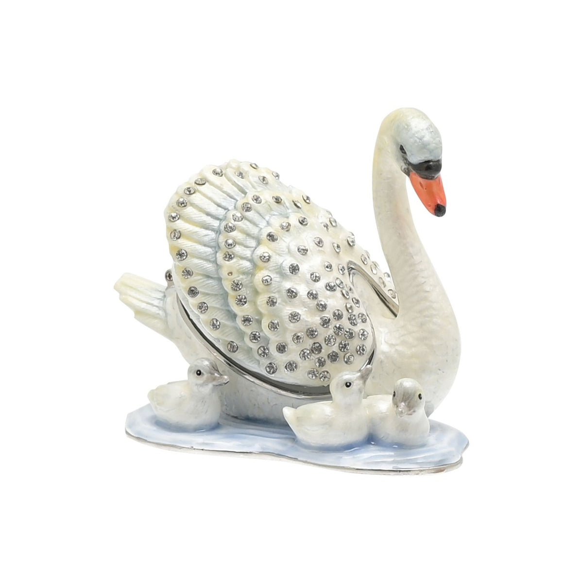 Mother & Baby Swans Hand Painted Metal Trinket Box - White
