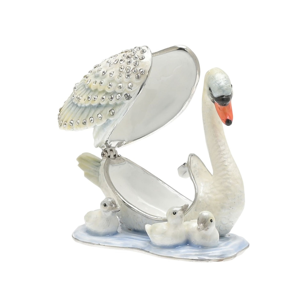Mother & Baby Swans Hand Painted Metal Trinket Box - White