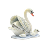 Mother & Baby Swans Hand Painted Metal Trinket Box - White