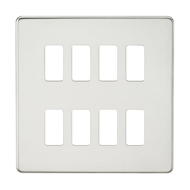 The Screwless 8 Gang Grid Faceplate in polished chrome beautifully displays a premium-grade steel design with four pairs of rectangular openings arranged neatly. Its sleek, screwless grid faceplate design offers an elegant touch against a plain, white background.