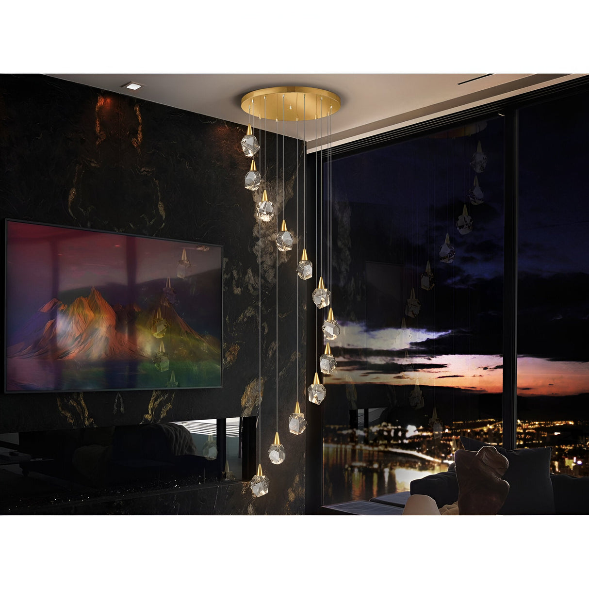 Aquaria 12 Light LED Glass Custer Pendant 80W 3000K - Matte Gold/Transparent