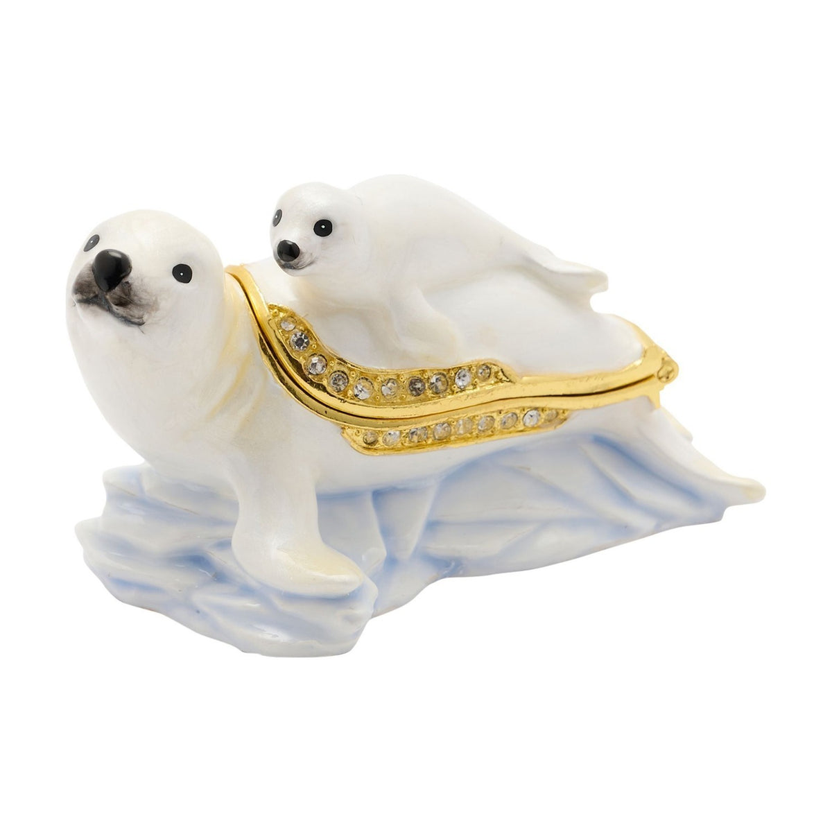 Mother & Baby Seal Metal Trinket Box with Hinged Lid - White