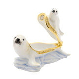 Mother & Baby Seal Metal Trinket Box with Hinged Lid - White