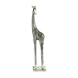 Libra Interiors electroplated silver resin giraffe sculpture with textured dappled pattern on a rectangular base against a white background.