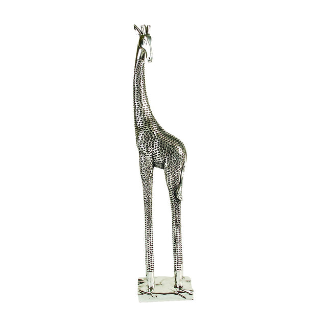 Libra Interiors electroplated silver resin giraffe sculpture with textured dappled pattern on a rectangular base against a white background.