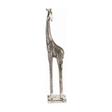 Libra Interiors Textured Electroplated Giraffe Sculpture in silver resin with a raised dappled pattern, standing on a small rectangular base.