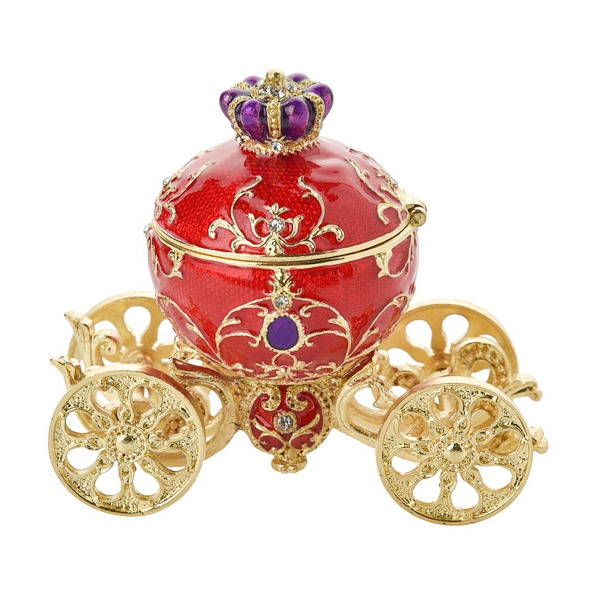 Regal Carriage Metal Trinket Box with Hinged Crown Lid - Red