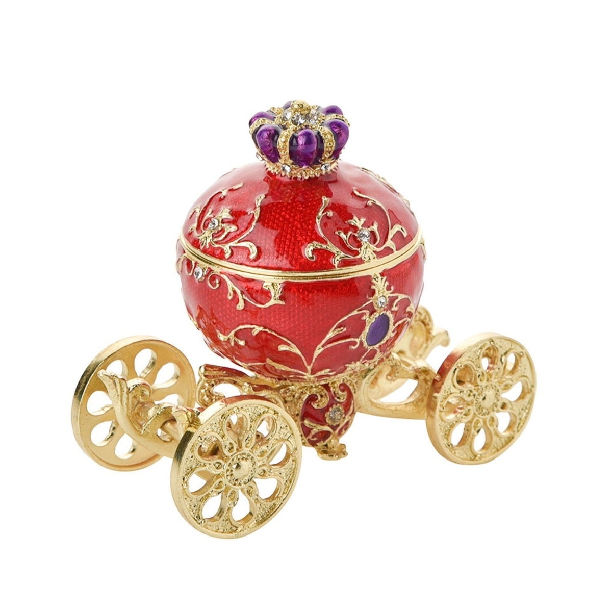 Regal Carriage Metal Trinket Box with Hinged Crown Lid - Red