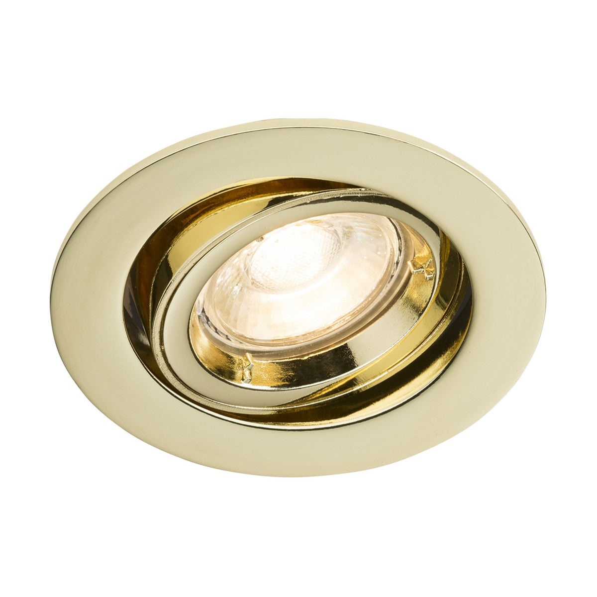 The GU10 Brass Recessed Tilt Twist & Lock Downlight is an elegant, round fixture with a polished brass finish. It has a dimmable feature and comes with an adjustable inner ring that holds one bulb, making it ideal for directional lighting.