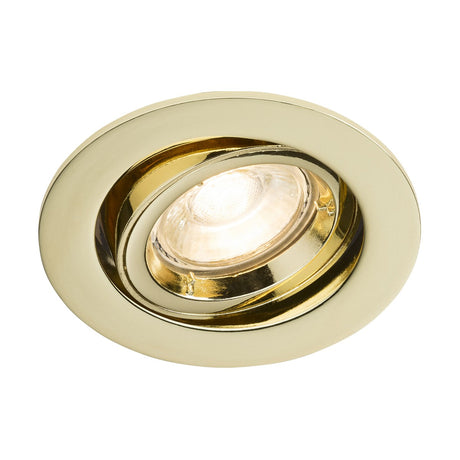 The GU10 Brass Recessed Tilt Twist & Lock Downlight is an elegant, round fixture with a polished brass finish. It has a dimmable feature and comes with an adjustable inner ring that holds one bulb, making it ideal for directional lighting.