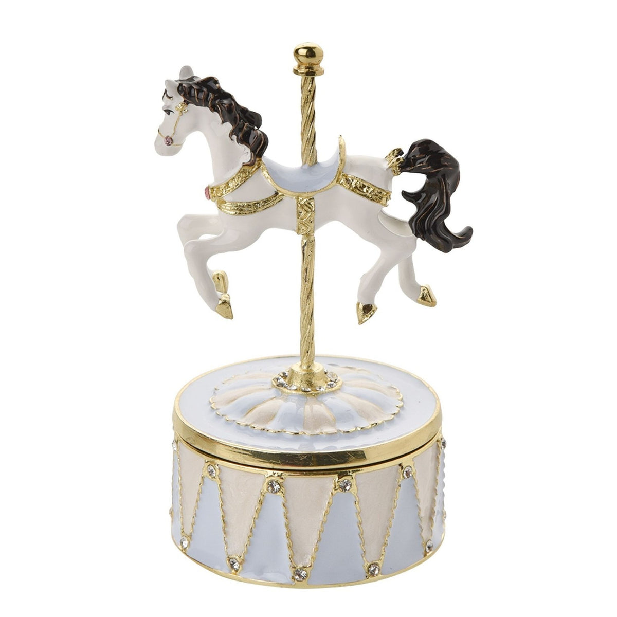 Carousel Horse Musical Metal Trinket Box - White & Blue