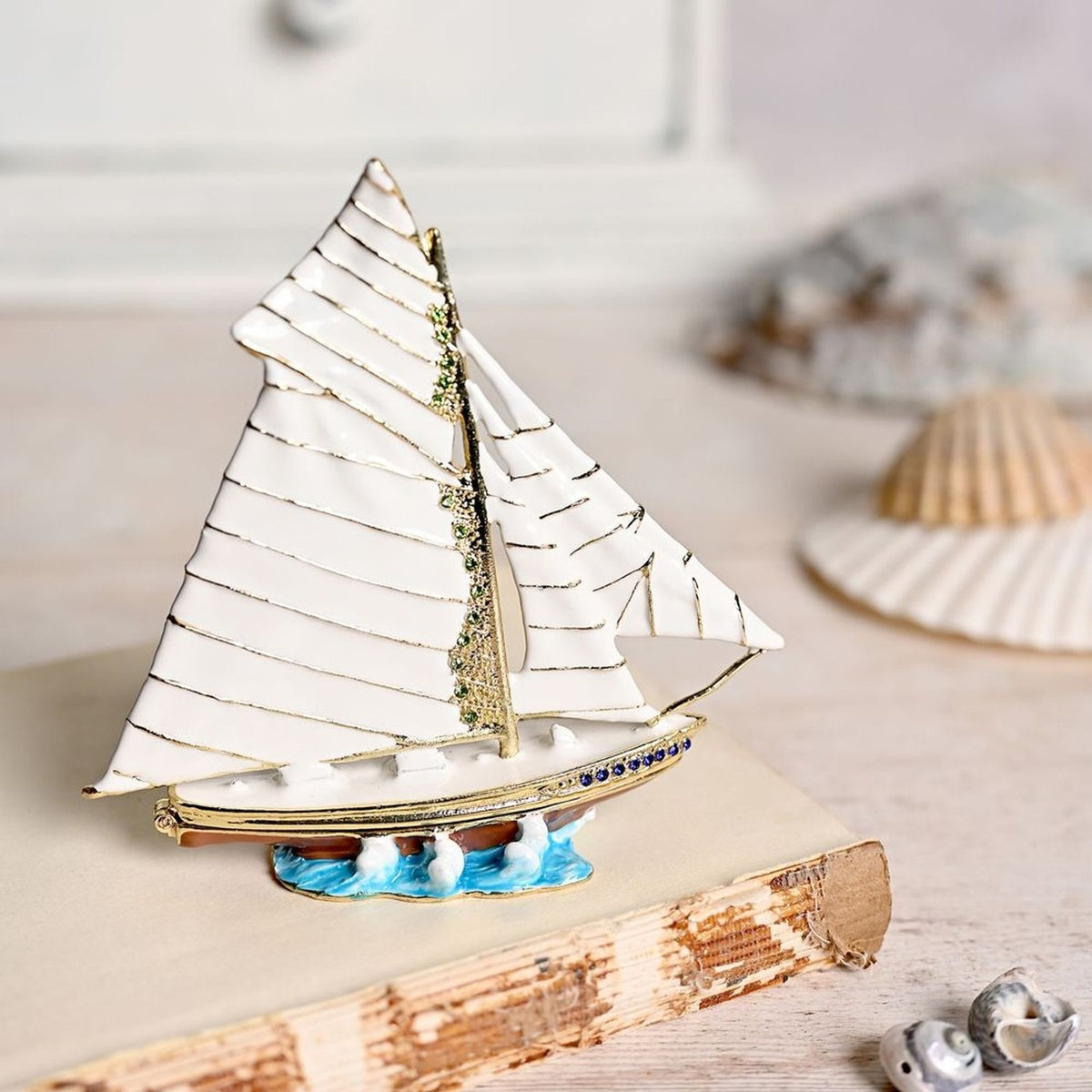 Sailing Boat Glazed Metal Trinket Box with Gold Trim - White