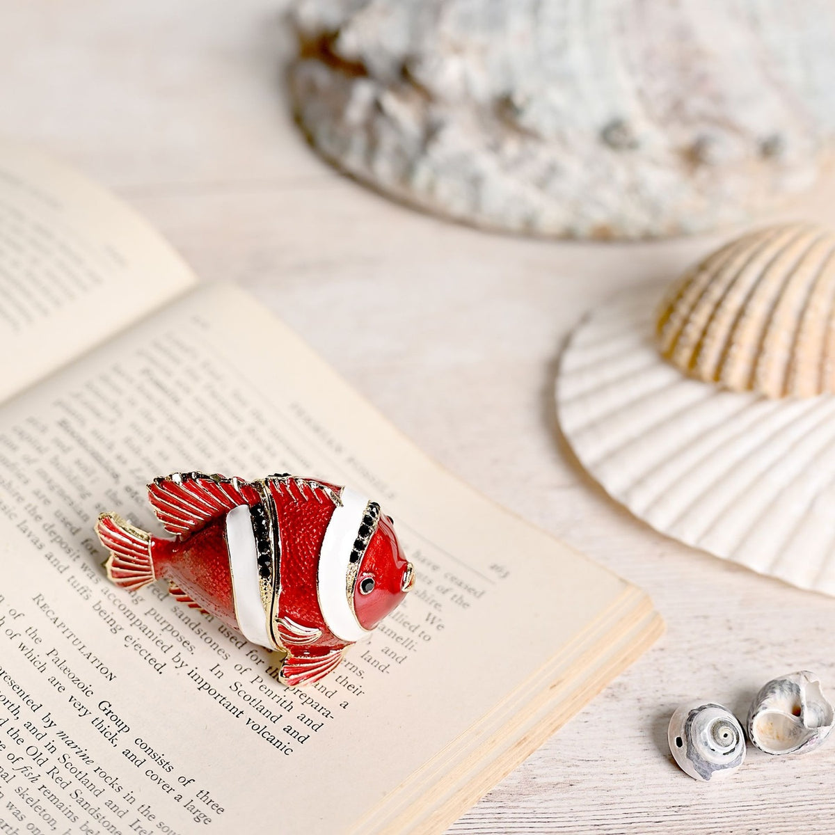 Banded Tropical Fish Metal Trinket Box with Hinged Lid - Red