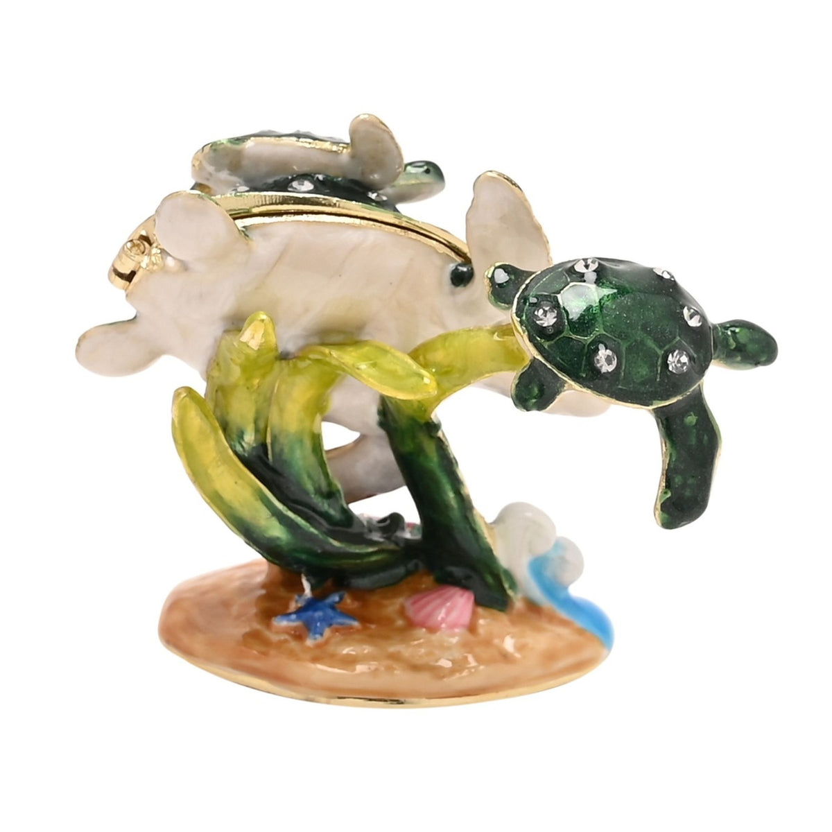 Coral Turtle Metal Trinket Box with hinged shell lid, featuring a green enamel sea turtle carrying a baby turtle, plus a second turtle, starfish, and shell details on a sandy base.