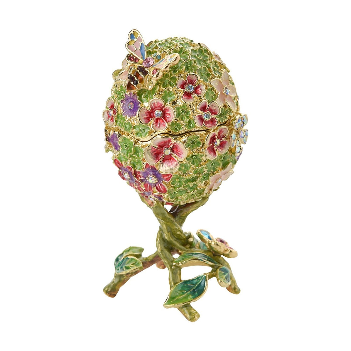 Floral Foliage Egg Metal Trinket Box on Branch Stand - Green