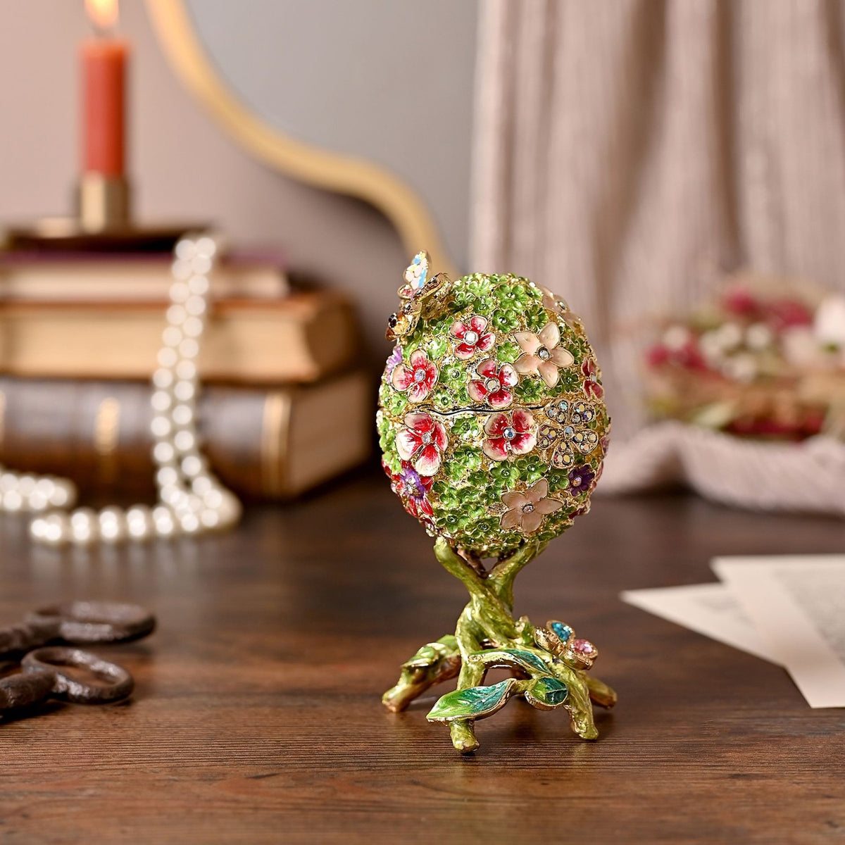 Floral Foliage Egg Metal Trinket Box on Branch Stand - Green