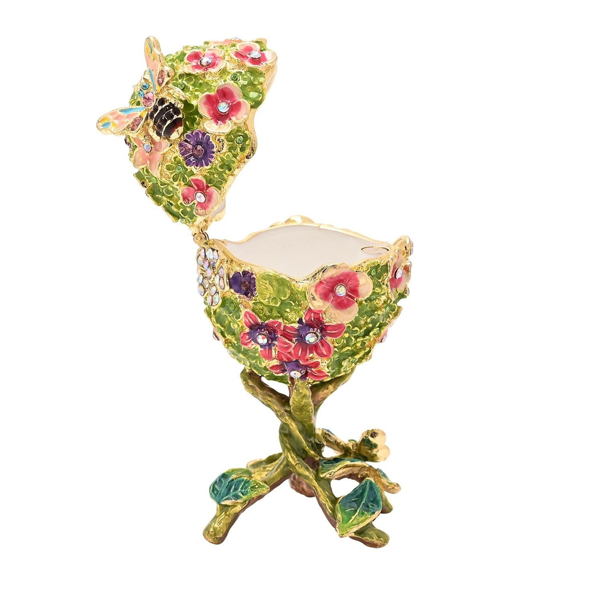 Floral Foliage Egg Metal Trinket Box on Branch Stand - Green