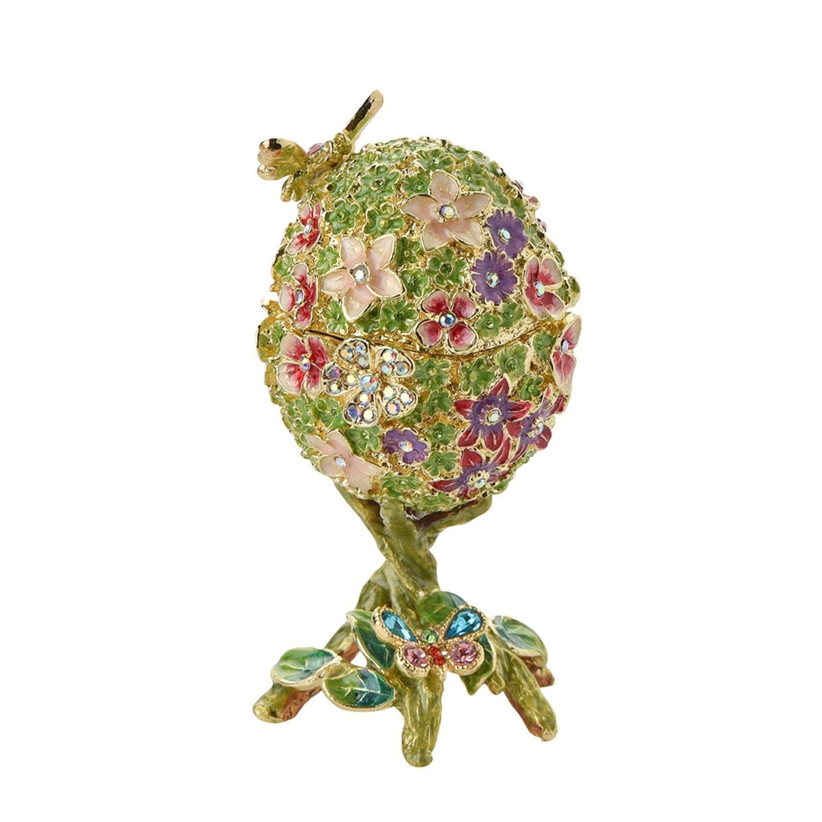 Floral Foliage Egg Metal Trinket Box on Branch Stand - Green