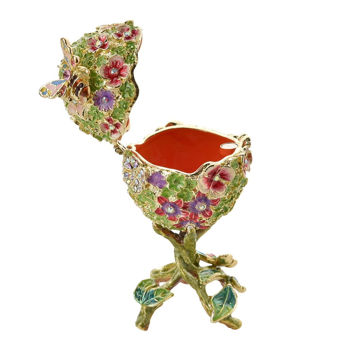 Floral Foliage Egg Metal Trinket Box on Branch Stand - Green