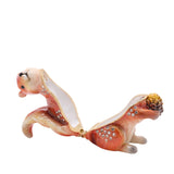 Red Squirrel and Pine Cone hinged metal trinket box, open to show white interior, glossy brown finish with cream accents and crystal detailing, on a plain white background.