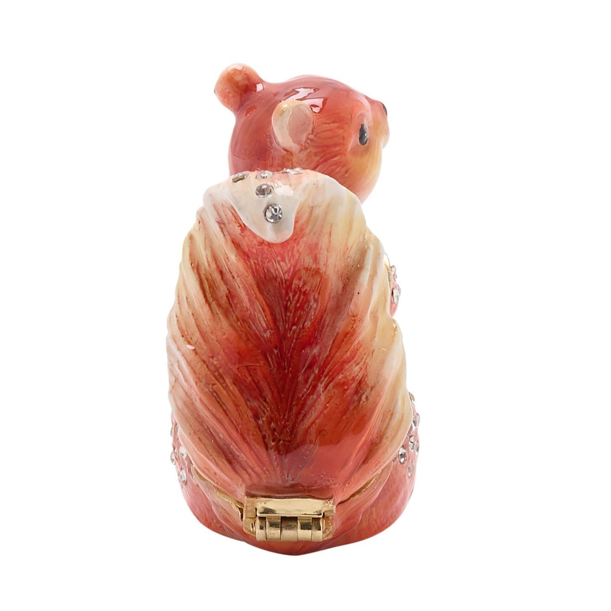 Rear view of the Red Squirrel and Pine Cone hinged trinket box showing its glossy russet-brown tail with cream shading, clear stone accents, and gold-tone rim on a white background.