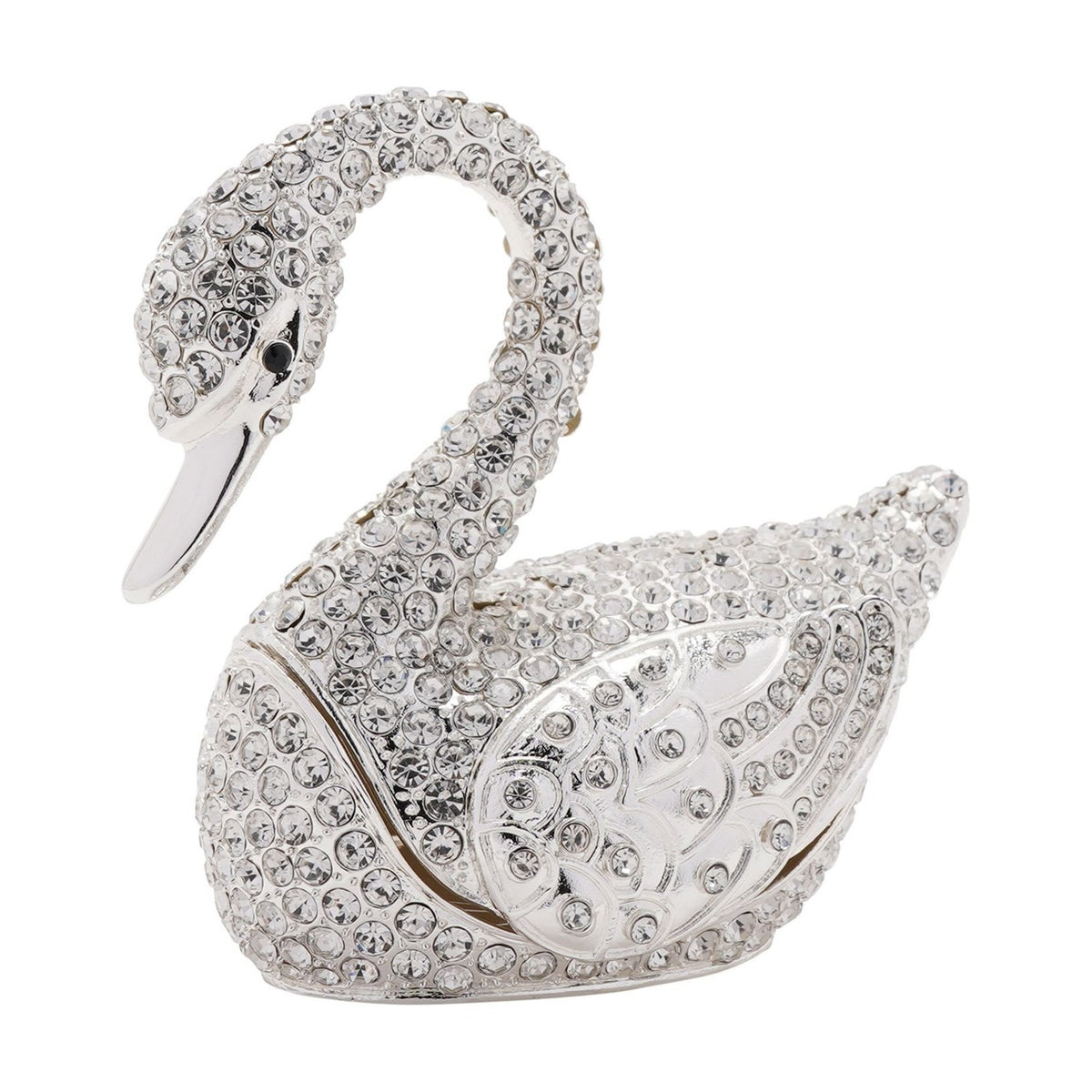 Crystal Swan Metal Trinket Box with Hinged Lid - Silver