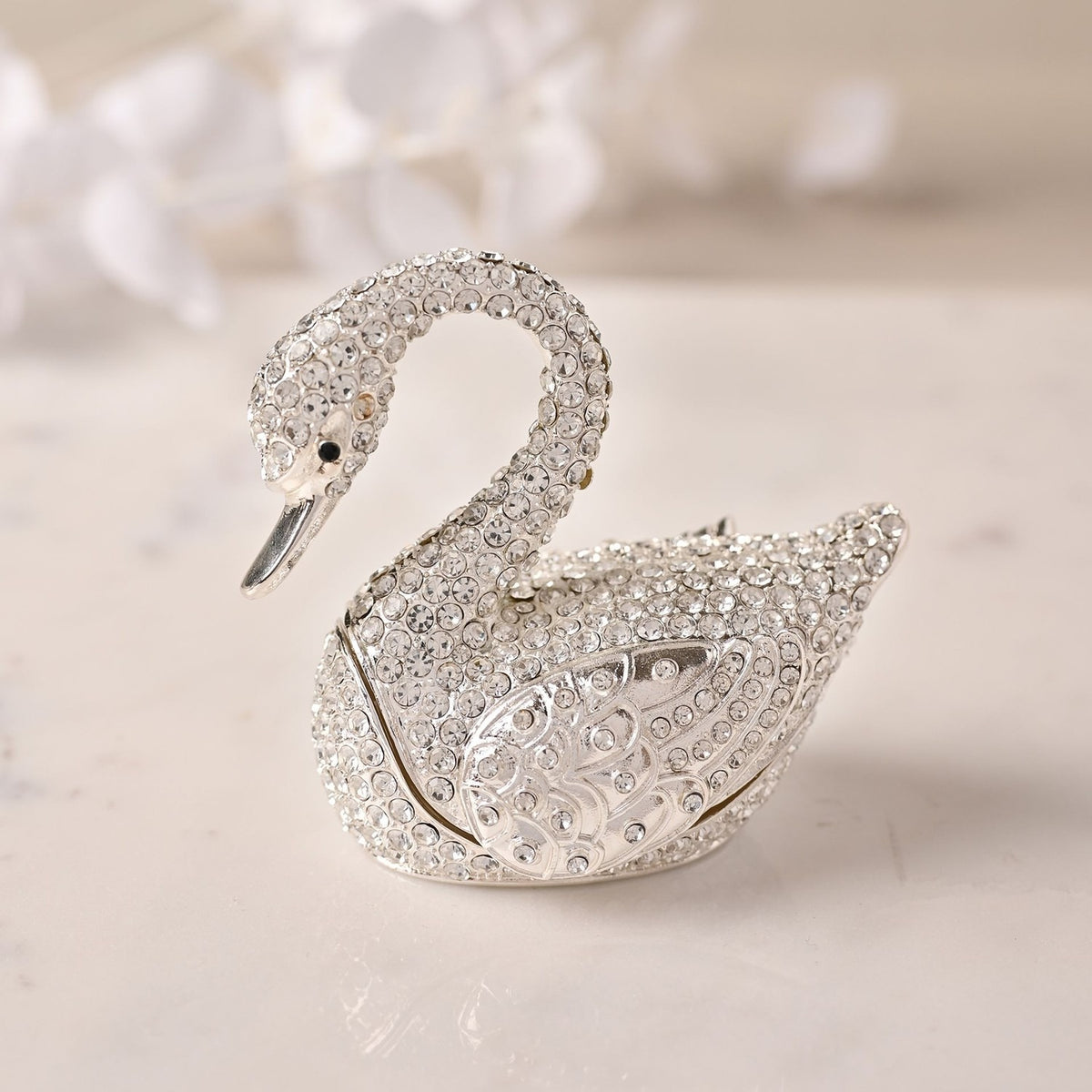 Crystal Swan Metal Trinket Box with Hinged Lid - Silver