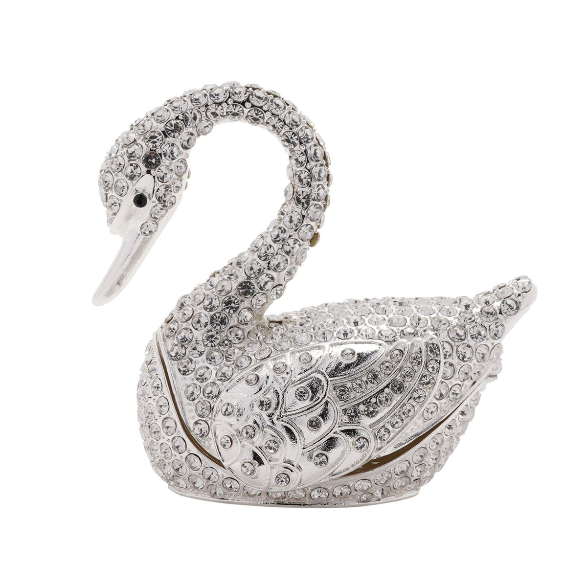 Crystal Swan Metal Trinket Box with Hinged Lid - Silver